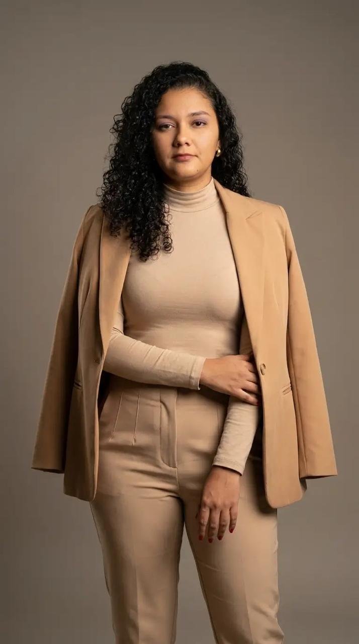 Retrato de Lysia Ayana Rosado, em pé, com traje profissional